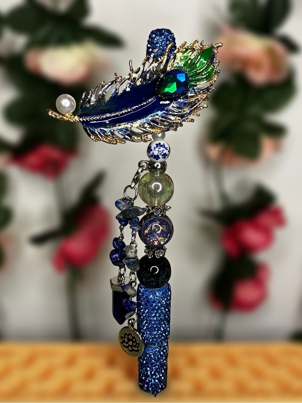 Peacock Feather and Lapis Chip Bohemian Spiritual Awakening Handmade Beaded Pen